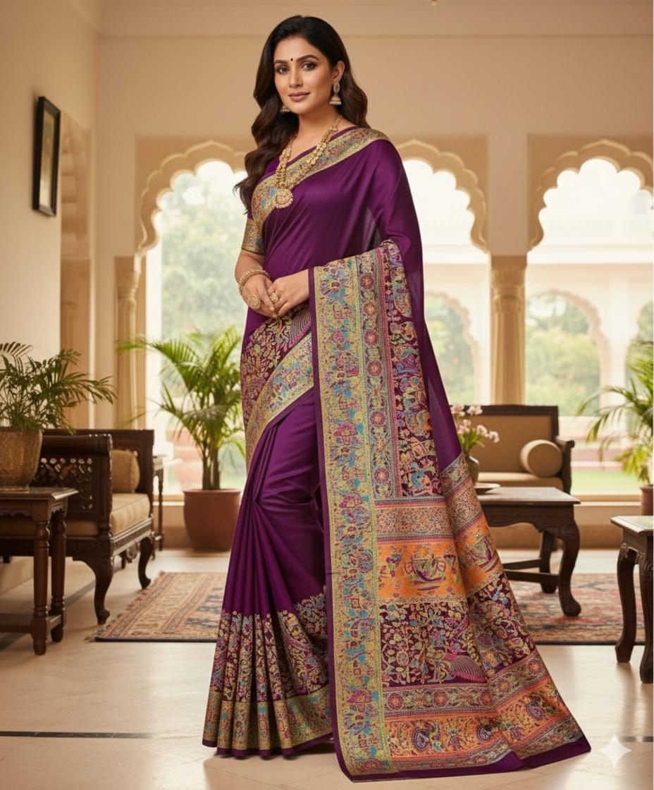 Royal Purple Saree with Exquisite Kalamkari Border