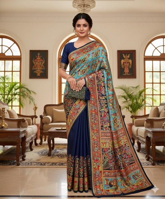 Navy Blue Saree with Vibrant Kalamkari Artwork Border