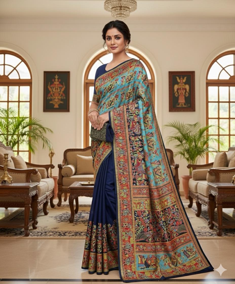 Navy Blue Saree with Vibrant Kalamkari Artwork Border