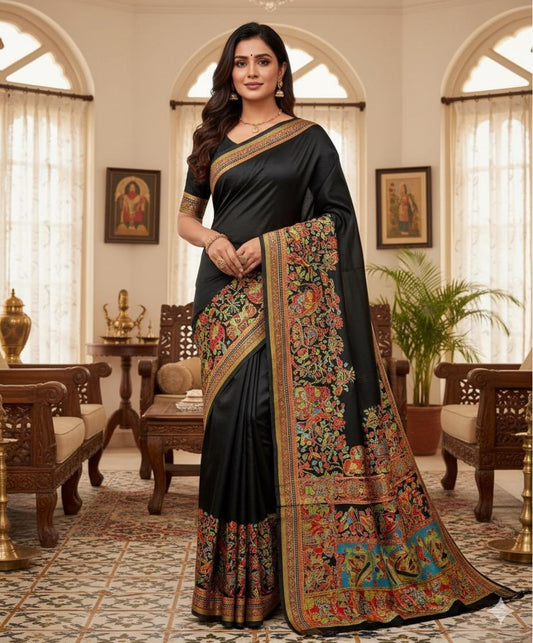 Elegant Black Saree with Rich Kalamkari Border
