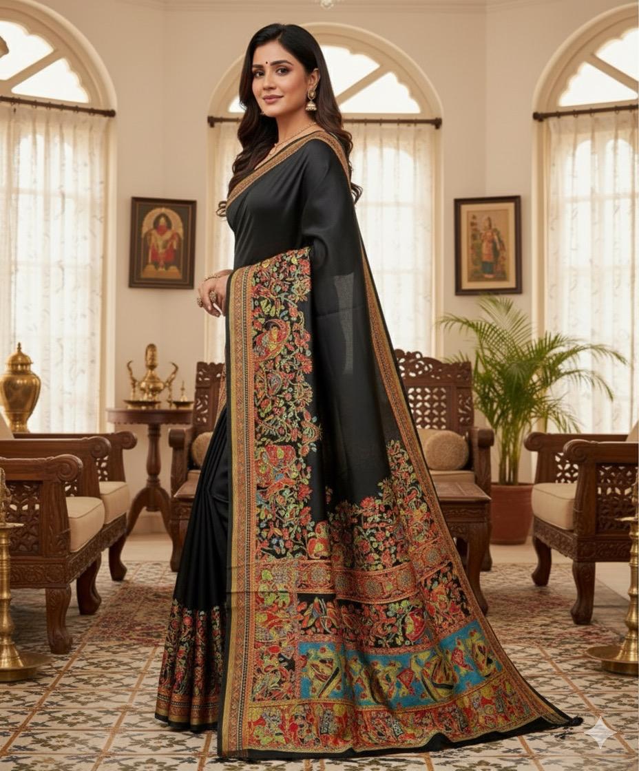 Elegant Black Saree with Rich Kalamkari Border