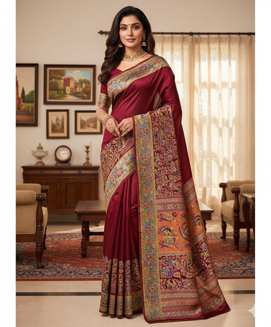 Majestic Maroon Saree with Intricate Kalamkari Border
