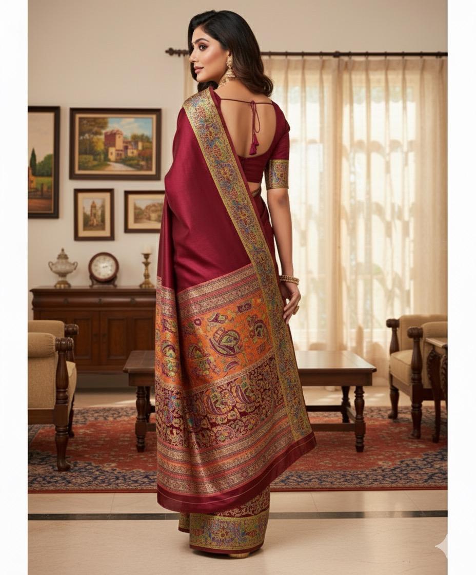 Majestic Maroon Saree with Intricate Kalamkari Border