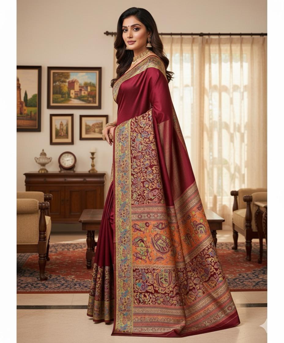 Majestic Maroon Saree with Intricate Kalamkari Border