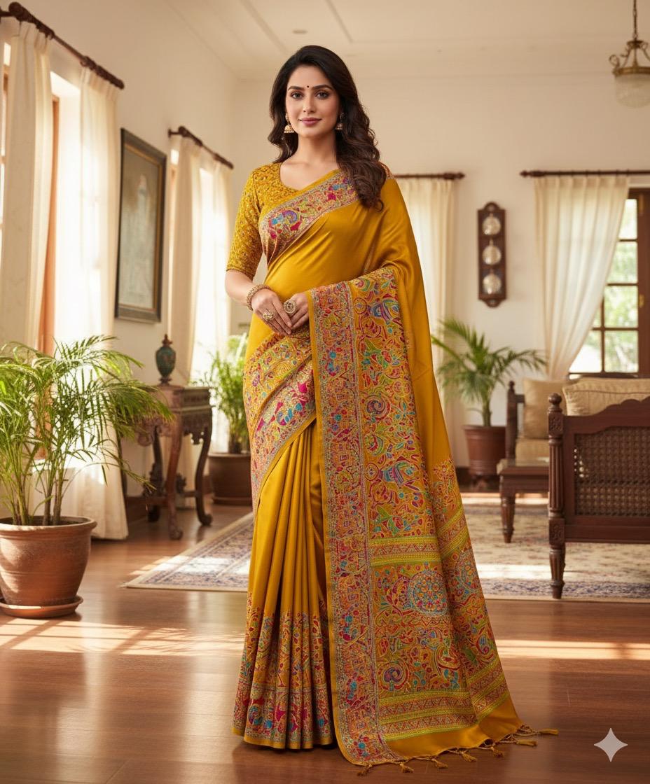 Mustard Yellow Saree with Colorful Kalamkari Border
