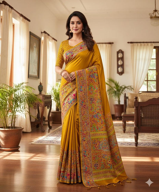 Mustard Yellow Saree with Colorful Kalamkari Border