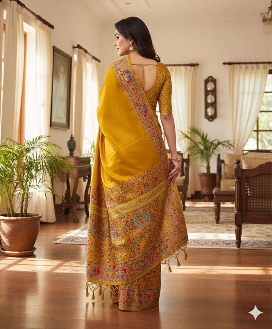 Mustard Yellow Saree with Colorful Kalamkari Border