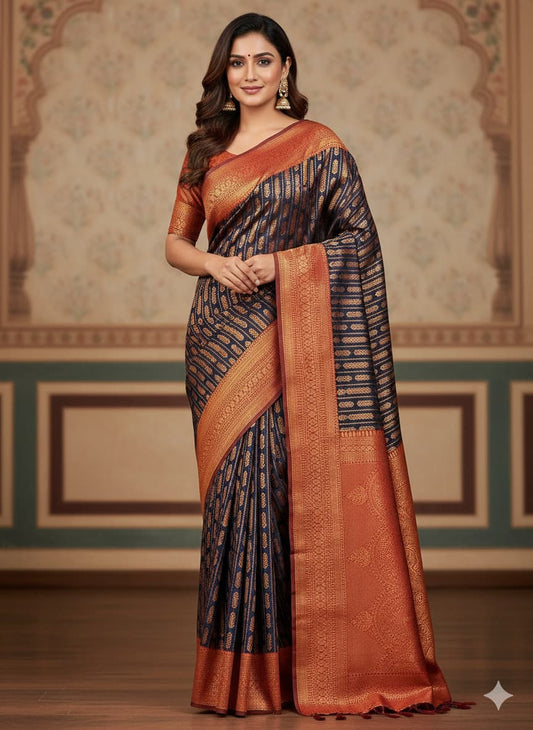 Royal Blue and Copper Woven Saree