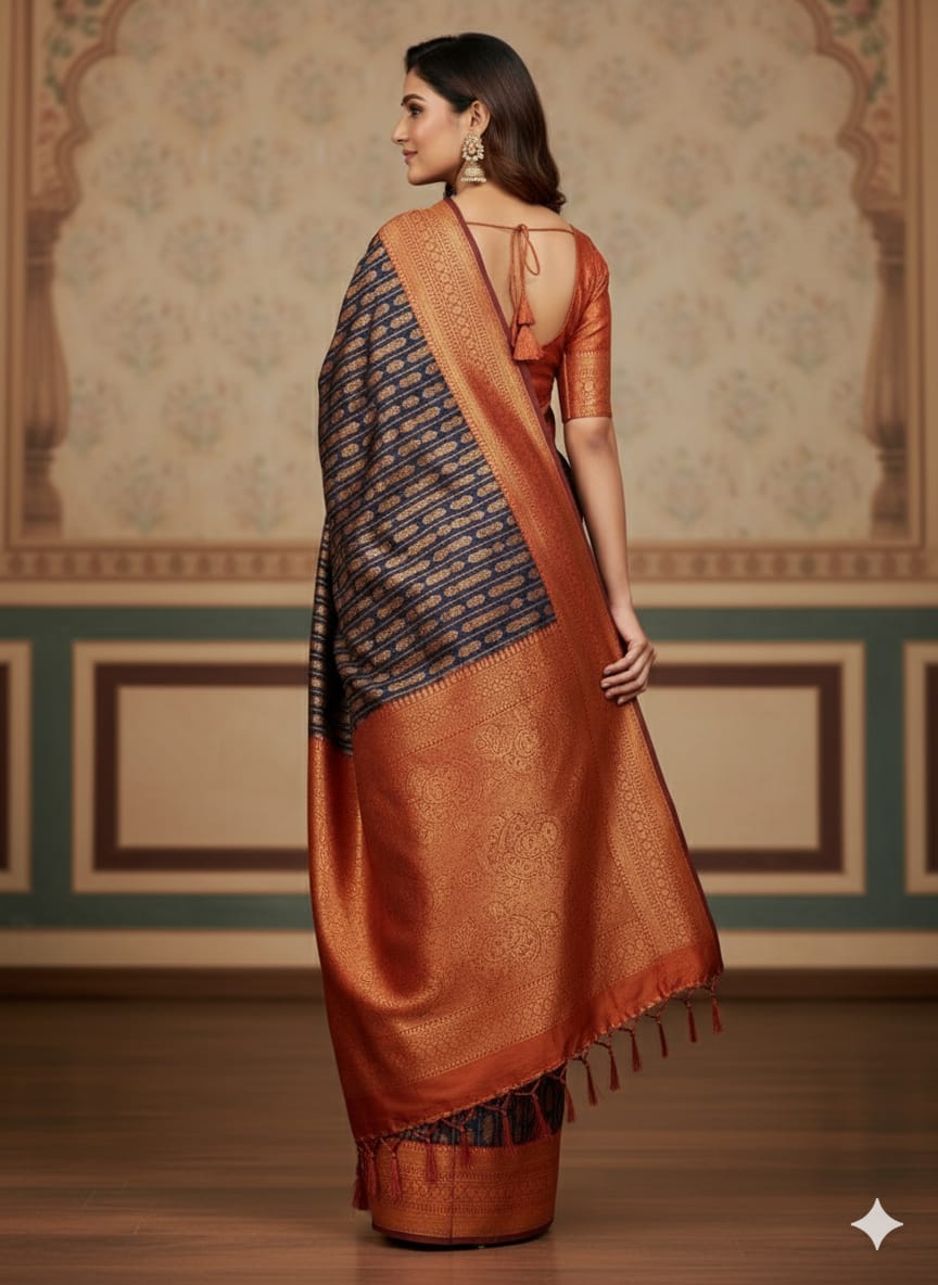 Royal Blue and Copper Woven Saree