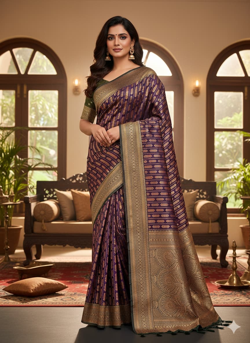 Royal Purple Banarasi Saree with Golden Zari Border
