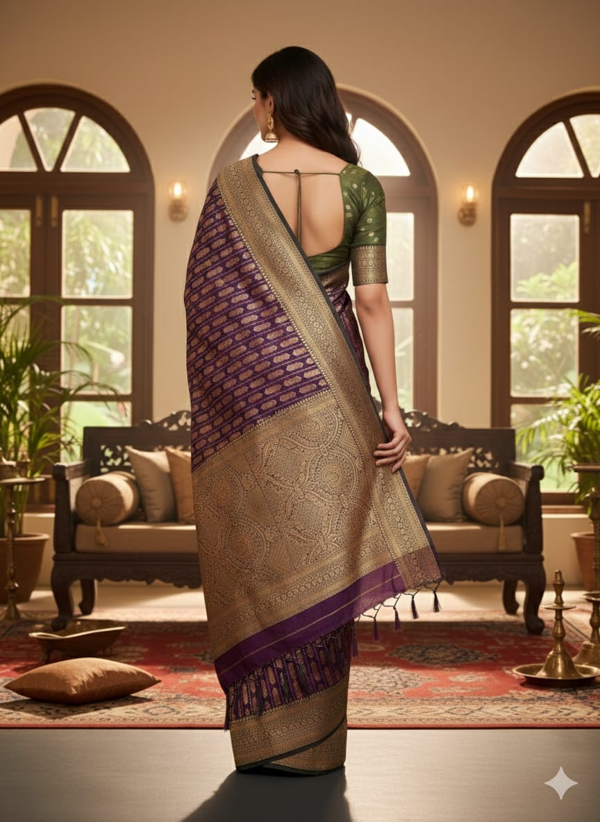Royal Purple Banarasi Saree with Golden Zari Border