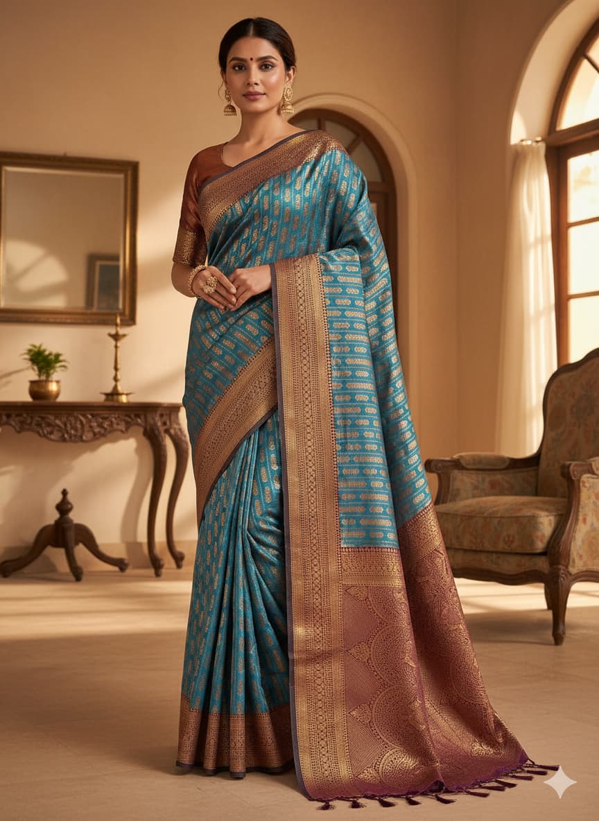 Elegant Teal Banarasi Saree with Rich Golden Zari