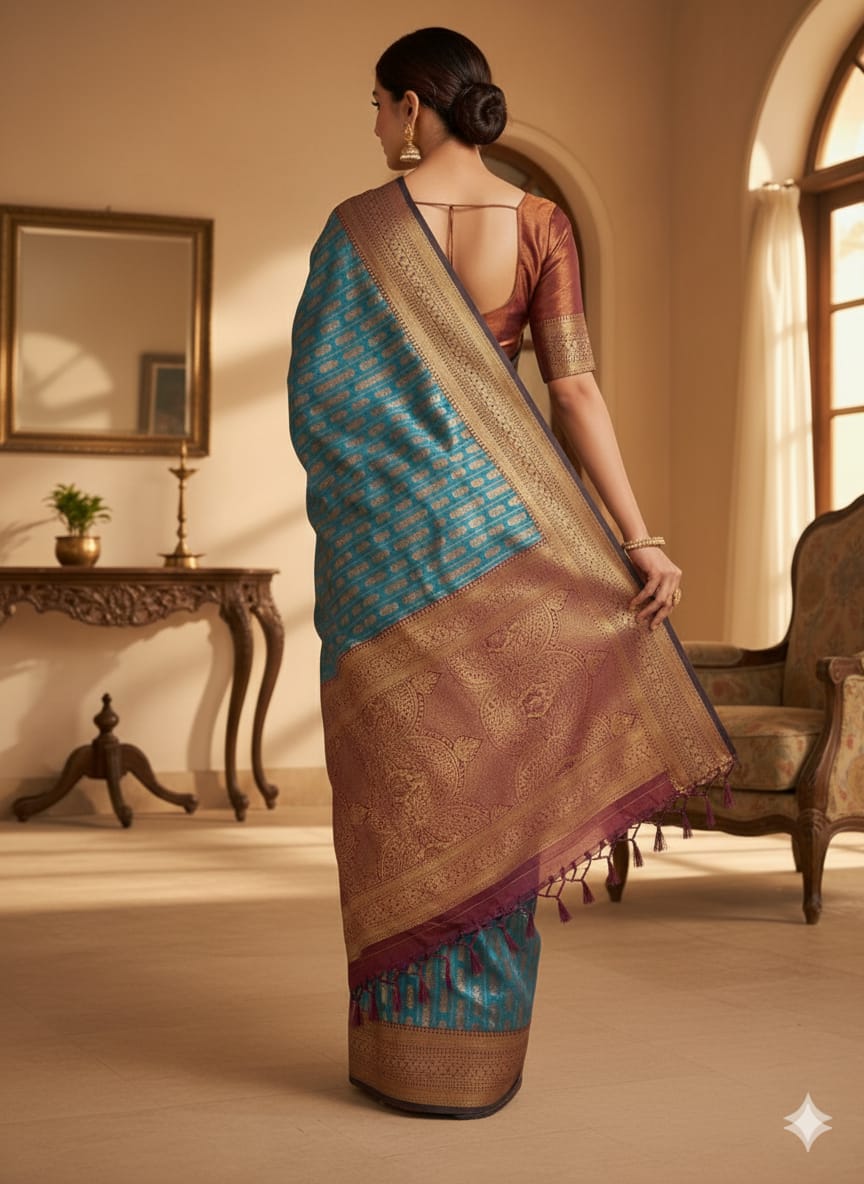 Elegant Teal Banarasi Saree with Rich Golden Zari