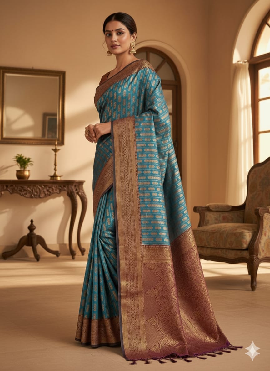 Elegant Teal Banarasi Saree with Rich Golden Zari