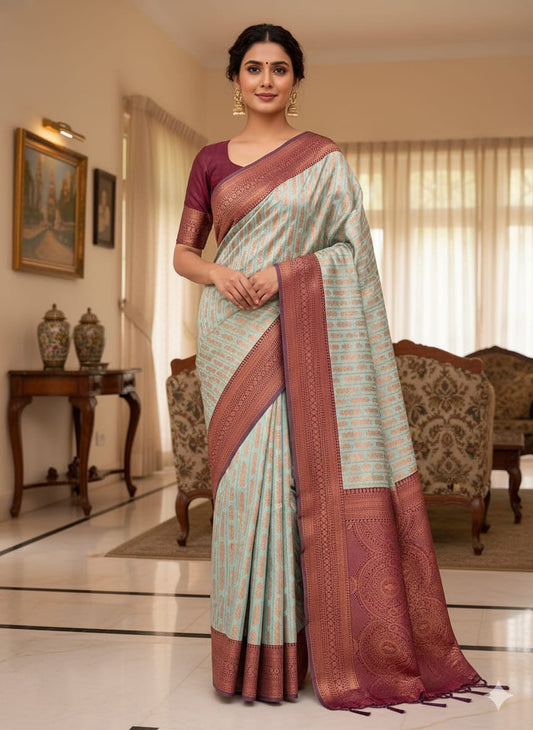 Graceful Light Green Banarasi Saree with Maroon Zari Border