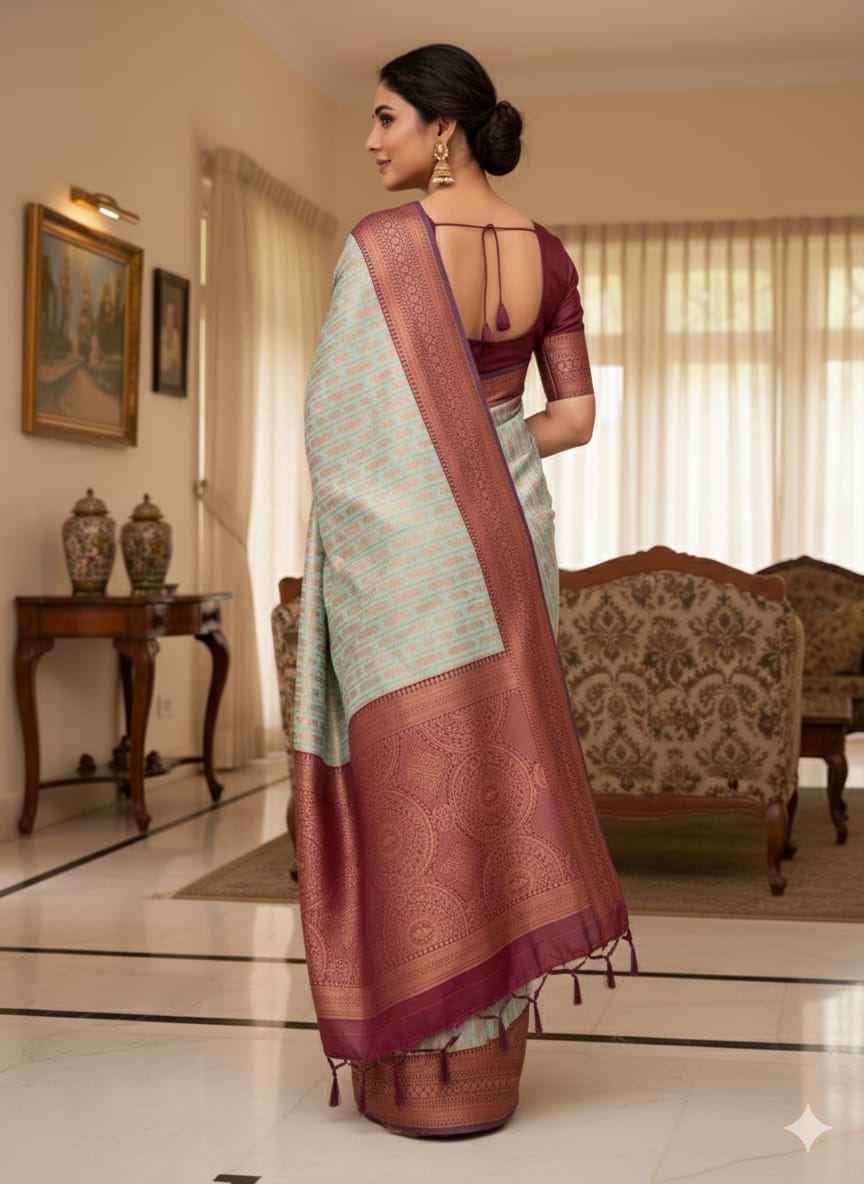 Graceful Light Green Banarasi Saree with Maroon Zari Border