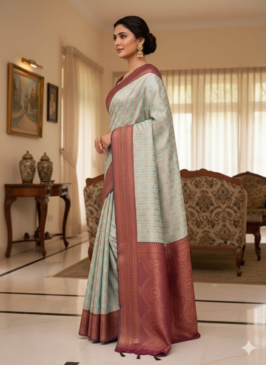 Graceful Light Green Banarasi Saree with Maroon Zari Border