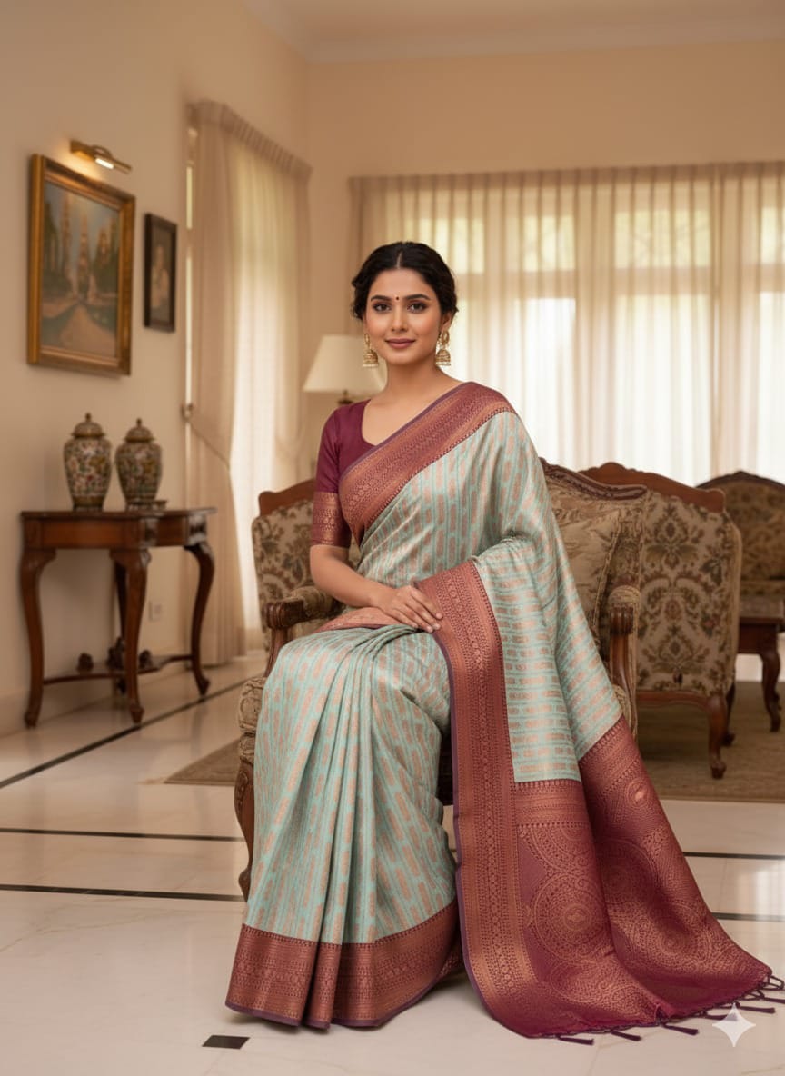 Graceful Light Green Banarasi Saree with Maroon Zari Border