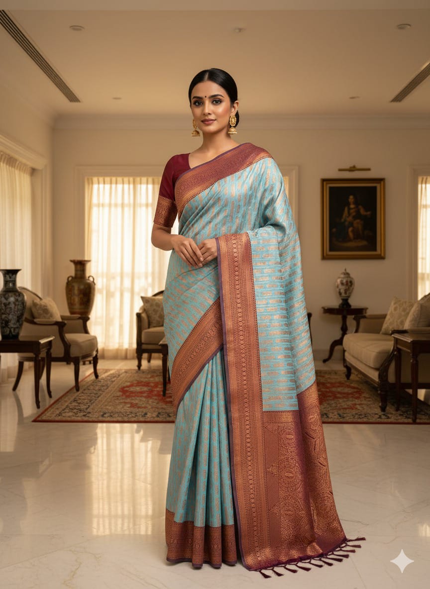 Sophisticated Sky Blue Banarasi Saree with Maroon Zari Border