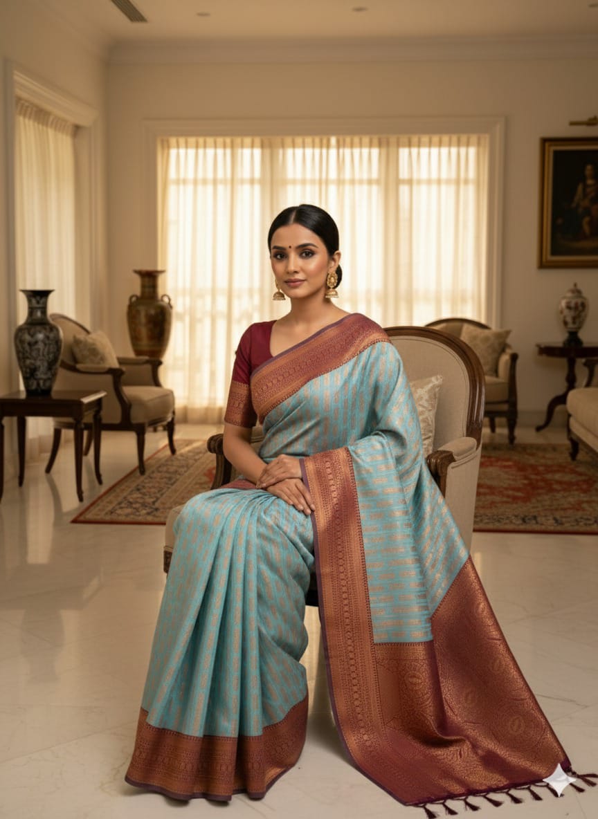 Sophisticated Sky Blue Banarasi Saree with Maroon Zari Border