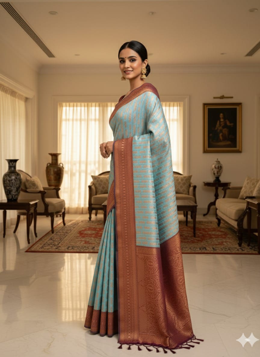 Sophisticated Sky Blue Banarasi Saree with Maroon Zari Border