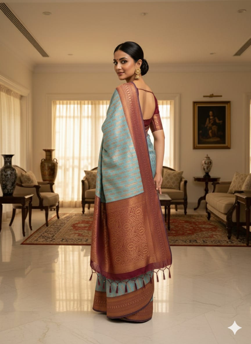 Sophisticated Sky Blue Banarasi Saree with Maroon Zari Border
