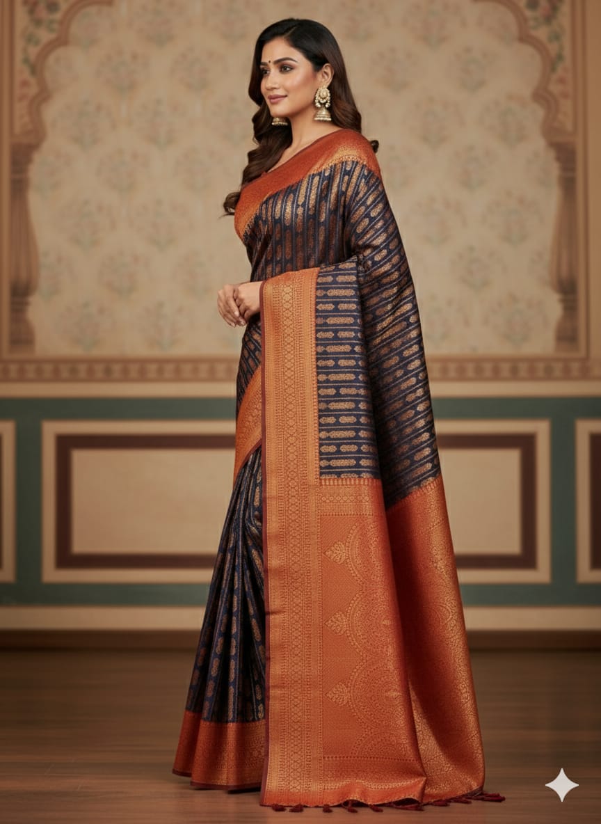 Royal Blue and Copper Woven Saree