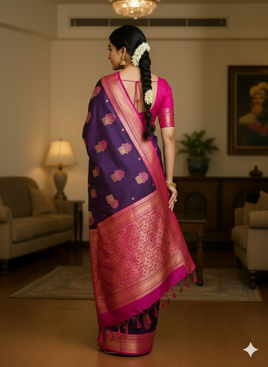 Title:  Peacock hues dancing on silk threads/Paithani saree
