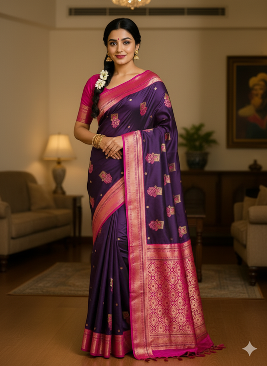 Title:  Peacock hues dancing on silk threads/Paithani saree