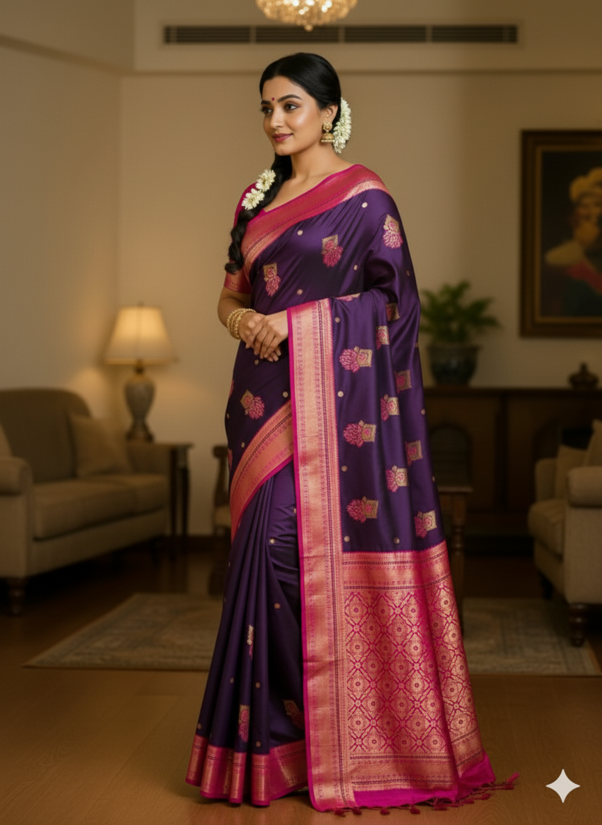 Title:  Peacock hues dancing on silk threads/Paithani saree