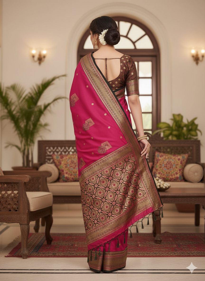 Title:  Peacock hues dancing on silk threads/Paithani saree