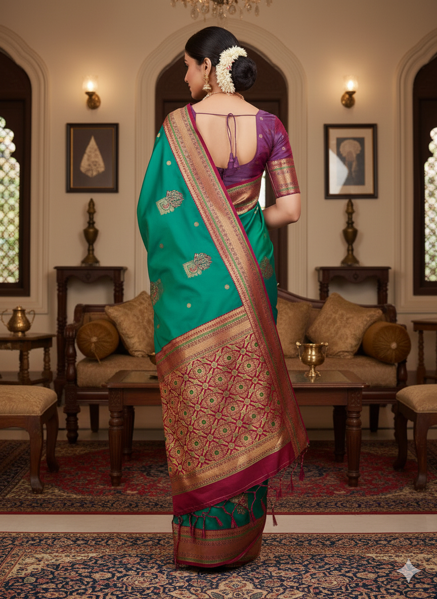 Title:  Peacock hues dancing on silk threads/Paithani saree