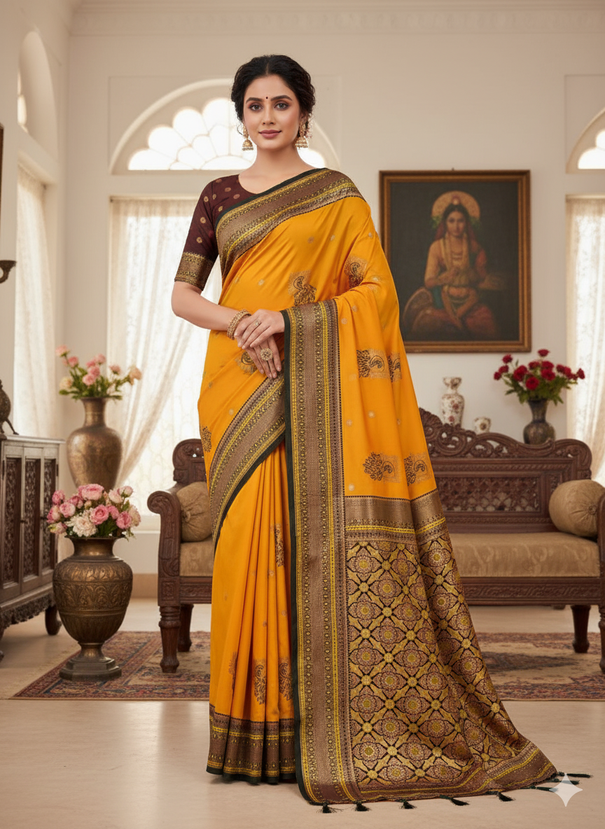 Title:  Peacock hues dancing on silk threads/Paithani saree