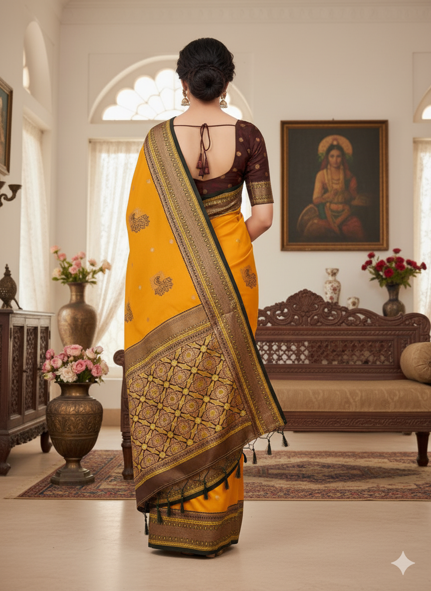 Title:  Peacock hues dancing on silk threads/Paithani saree