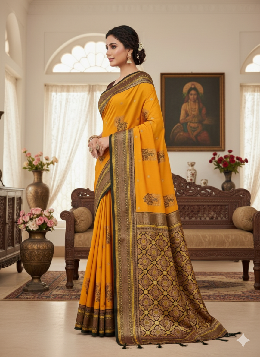 Title:  Peacock hues dancing on silk threads/Paithani saree