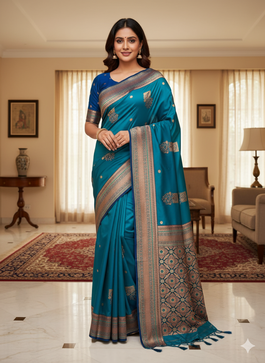 Title:  Peacock hues dancing on silk threads/Paithani saree