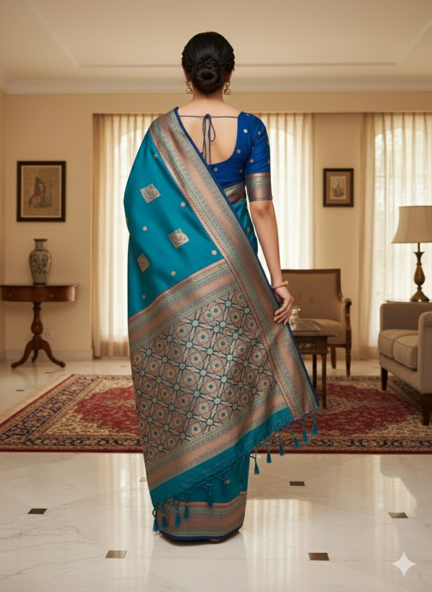Title:  Peacock hues dancing on silk threads/Paithani saree
