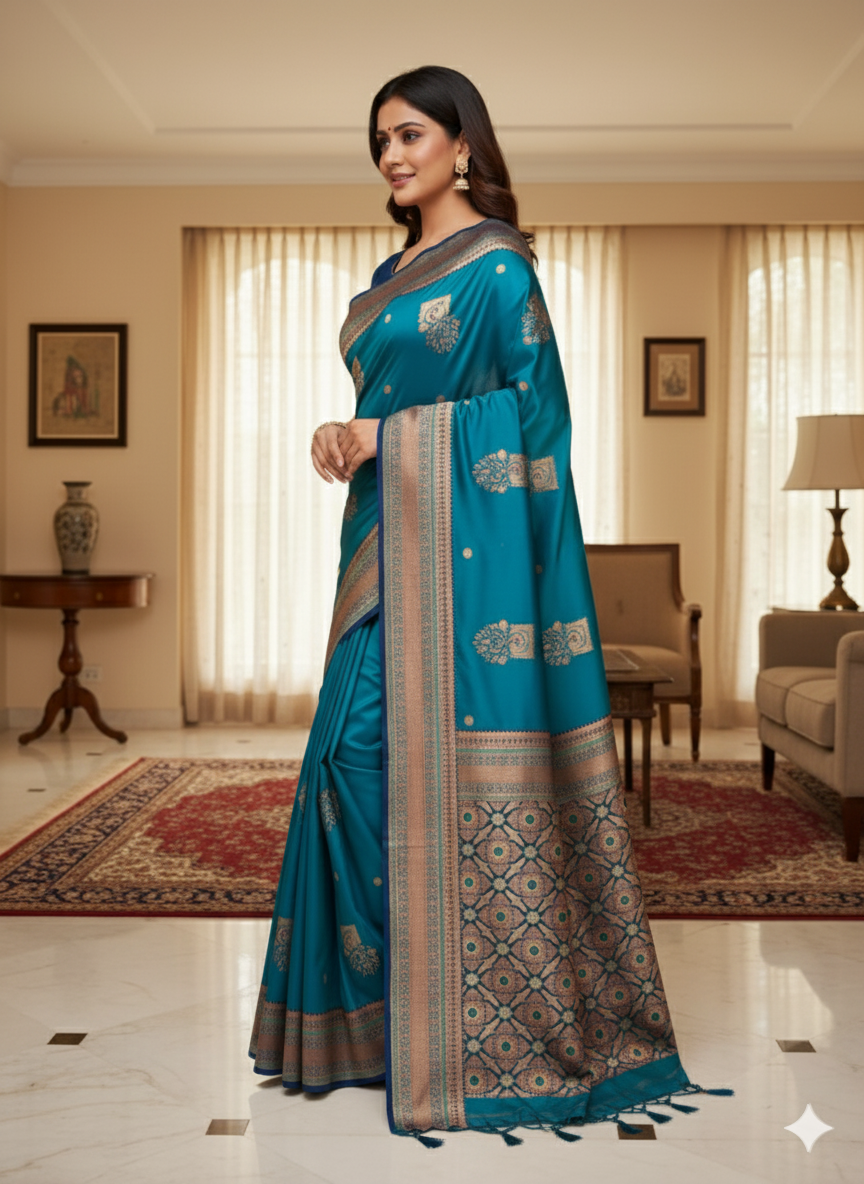 Title:  Peacock hues dancing on silk threads/Paithani saree