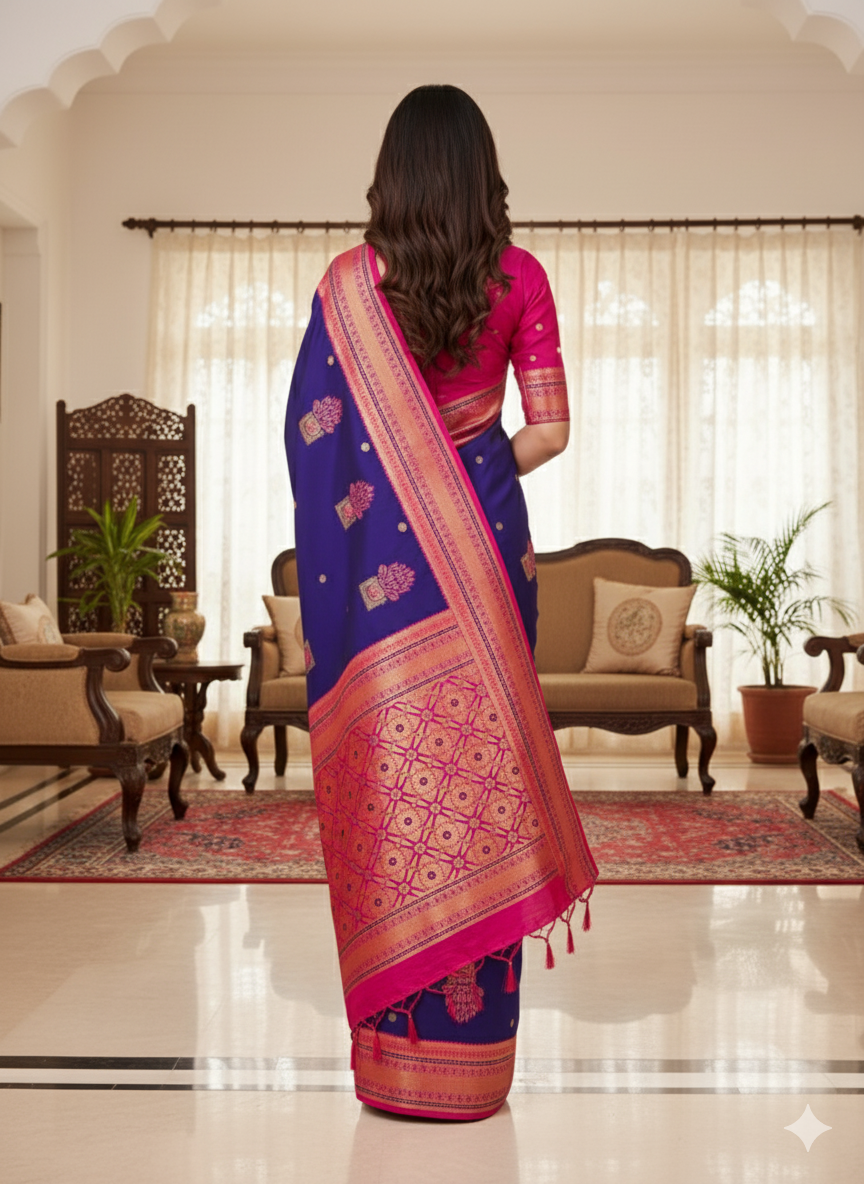 Title:  Peacock hues dancing on silk threads/Paithani saree