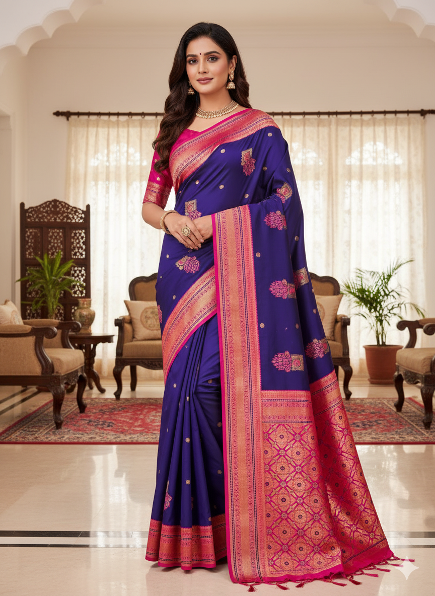 Title:  Peacock hues dancing on silk threads/Paithani saree
