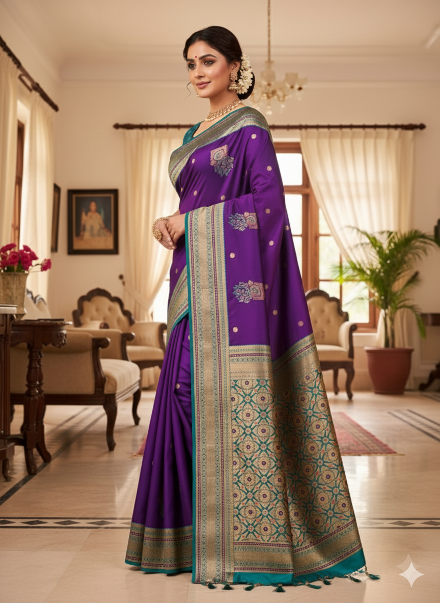 Title:  Peacock hues dancing on silk threads/Paithani saree