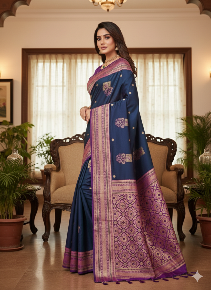 Title:  Peacock hues dancing on silk threads/Paithani saree