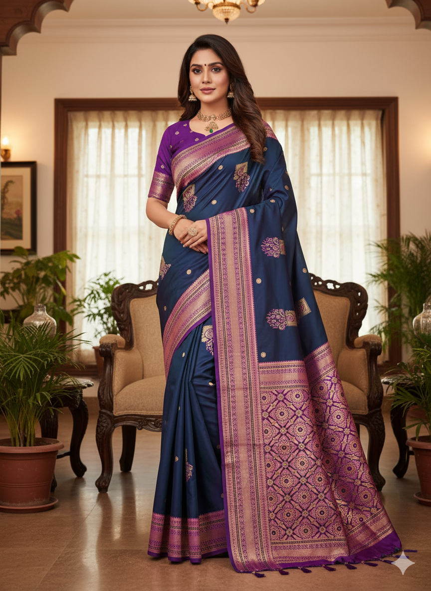 Title:  Peacock hues dancing on silk threads/Paithani saree