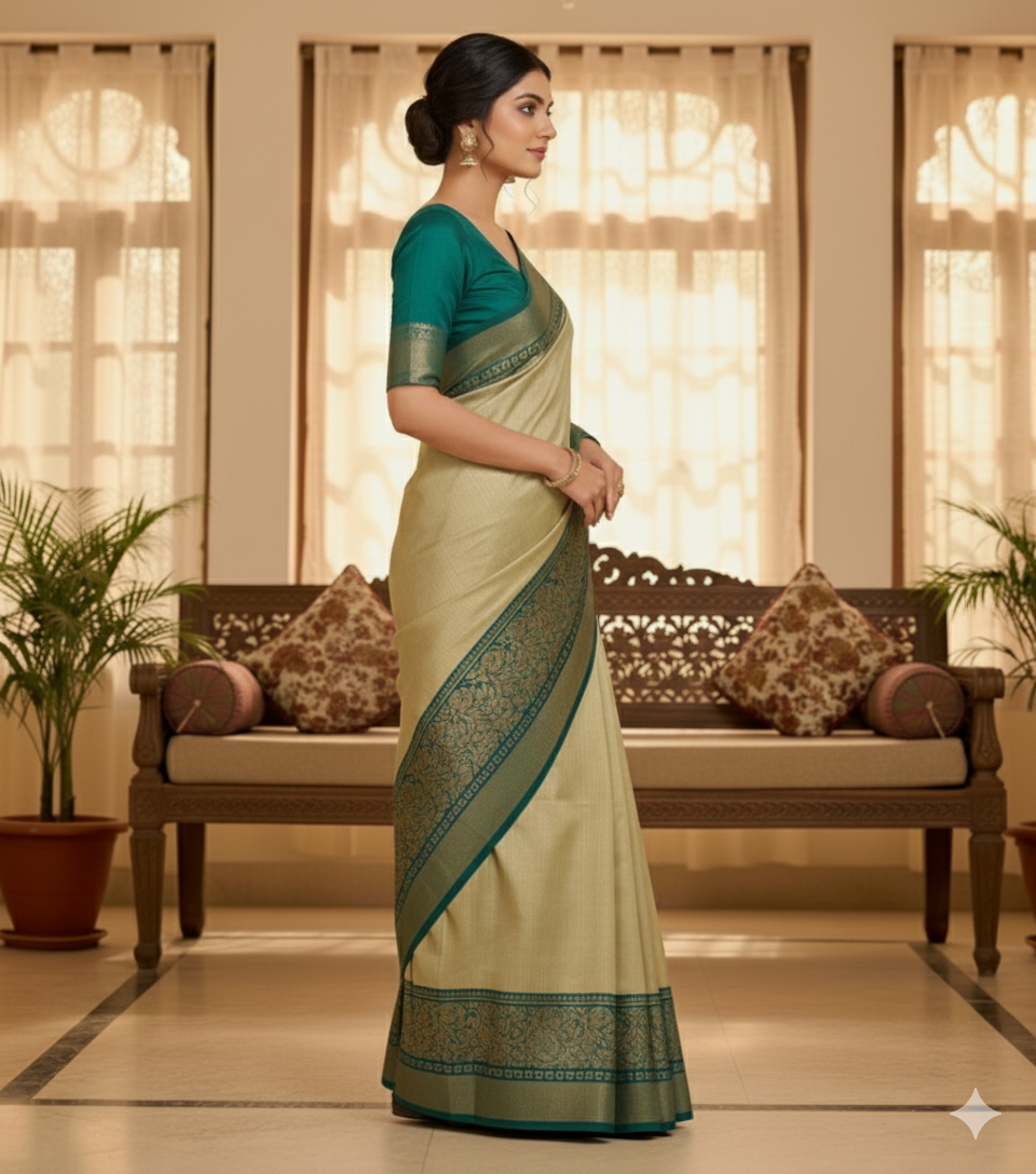 Soft dola silk saree/ajarakh pallu and ajarakh blouse
