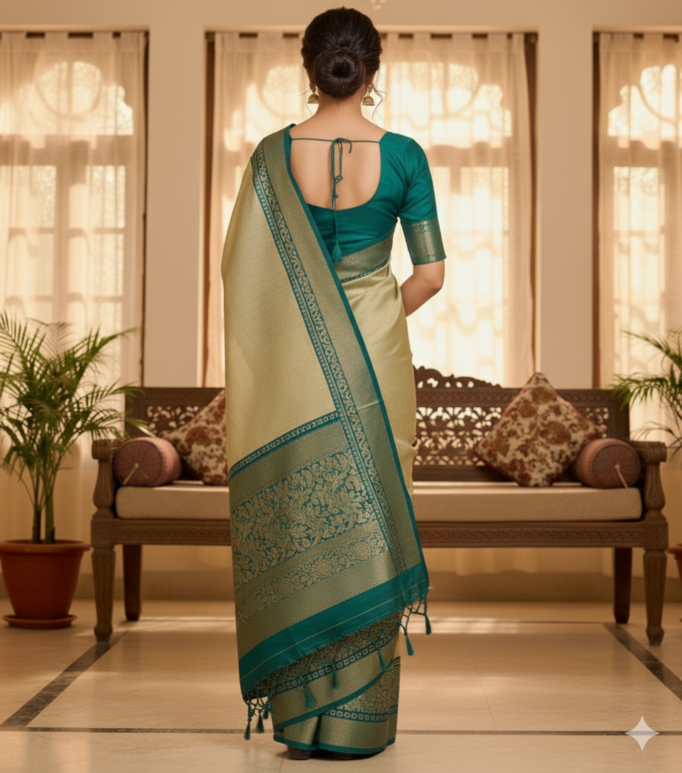 Soft dola silk saree/ajarakh pallu and ajarakh blouse