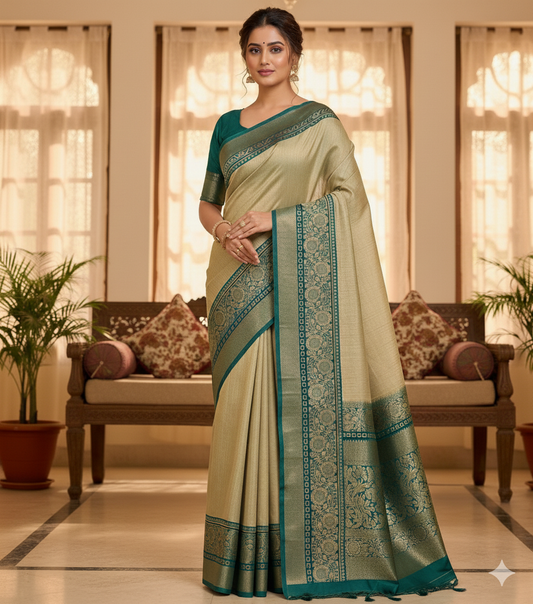 Soft dola silk saree/ajarakh pallu and ajarakh blouse