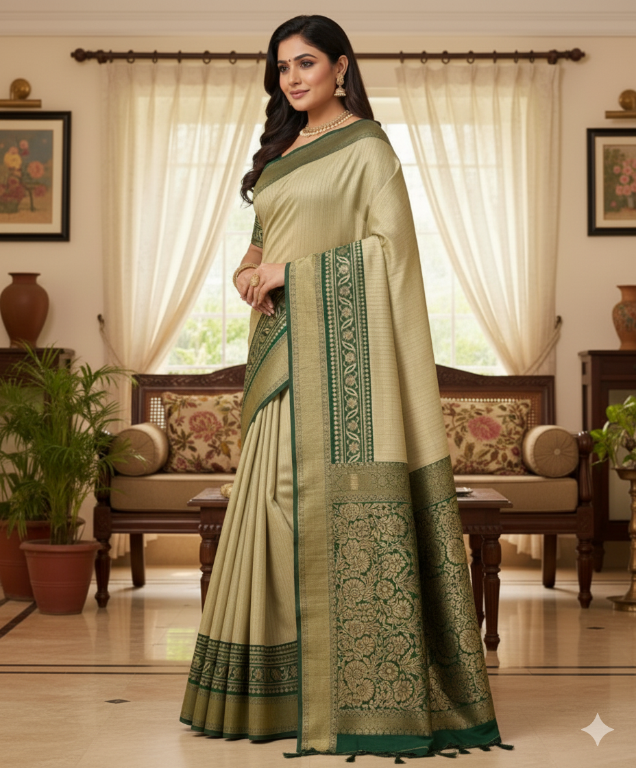 Soft dola silk saree/ajarakh pallu and ajarakh blouse