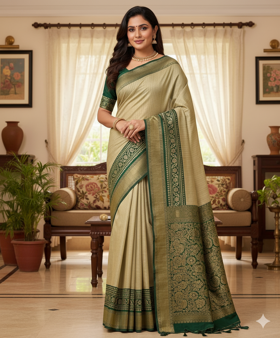 Soft dola silk saree/ajarakh pallu and ajarakh blouse