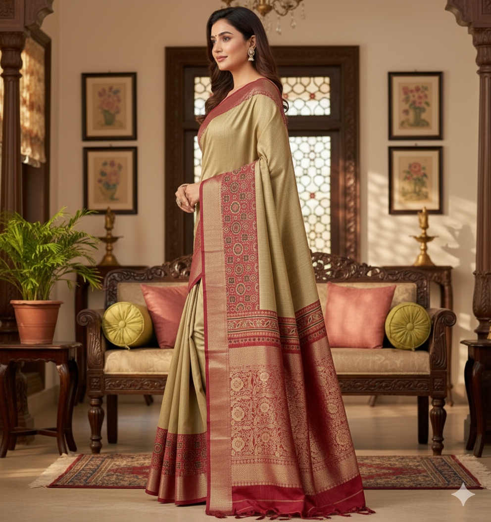 Soft dola silk saree/ajarakh pallu and ajarakh blouse