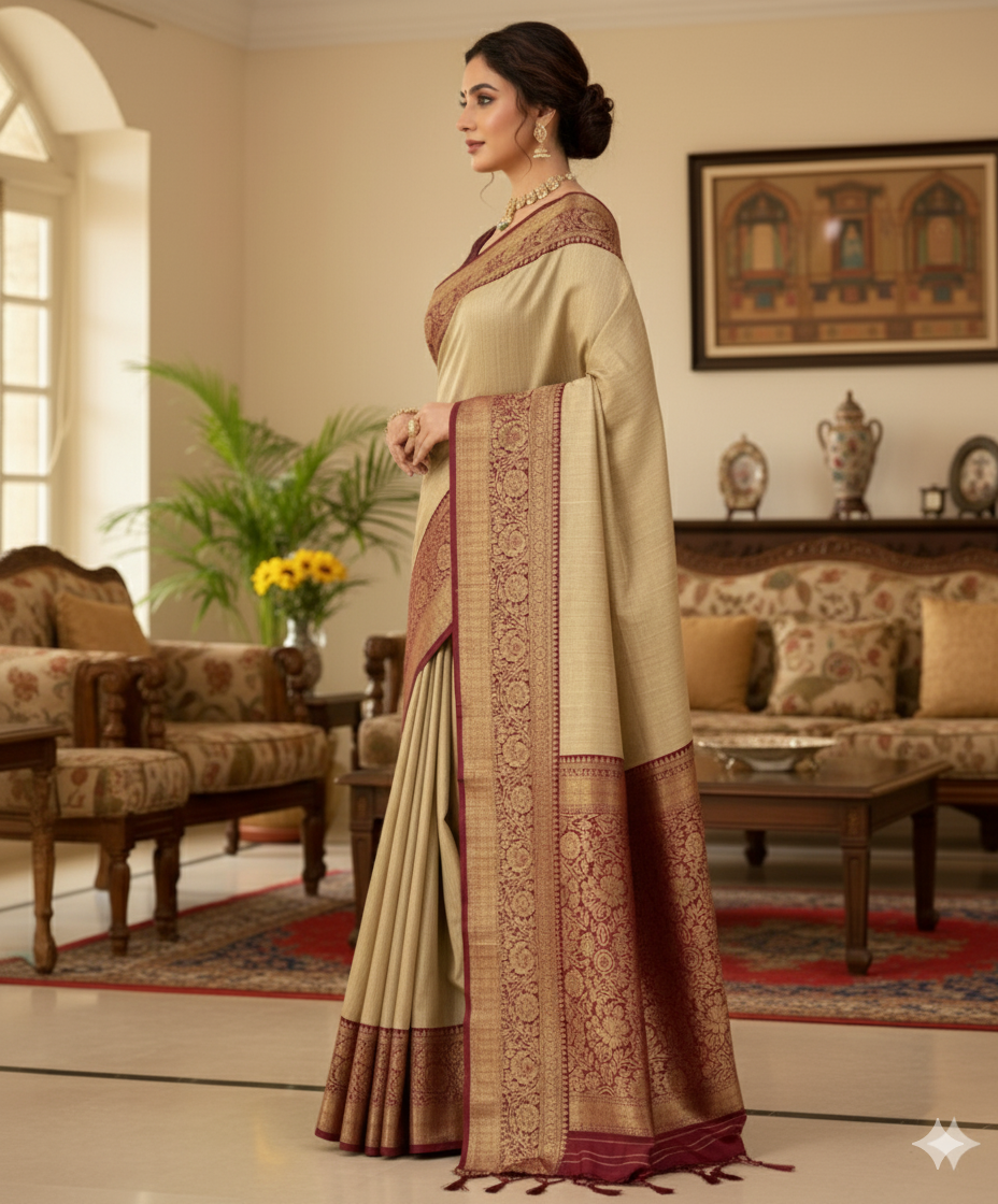 Soft dola silk saree/ajarakh pallu and ajarakh blouse